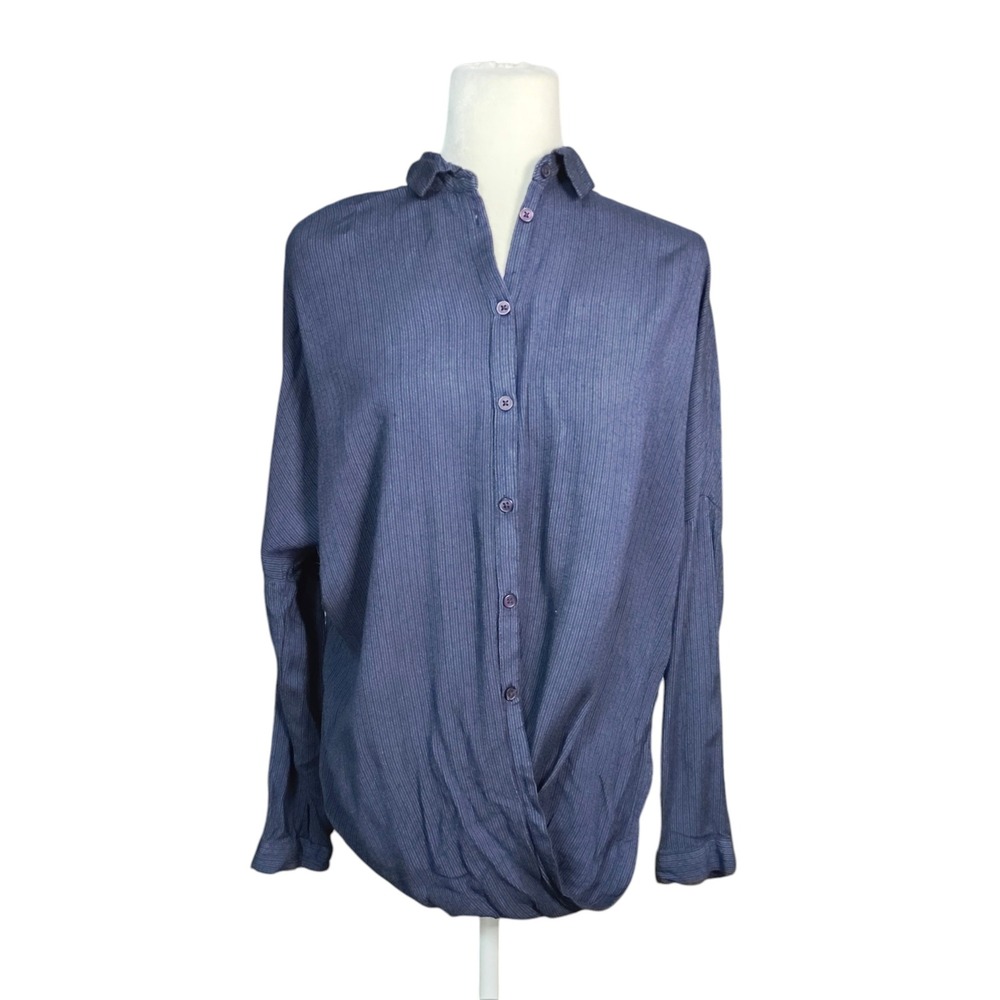 BDG Oversized Top Navy Pinstripe Wrap Front Twist Button Down Shirt Lagenlook XS